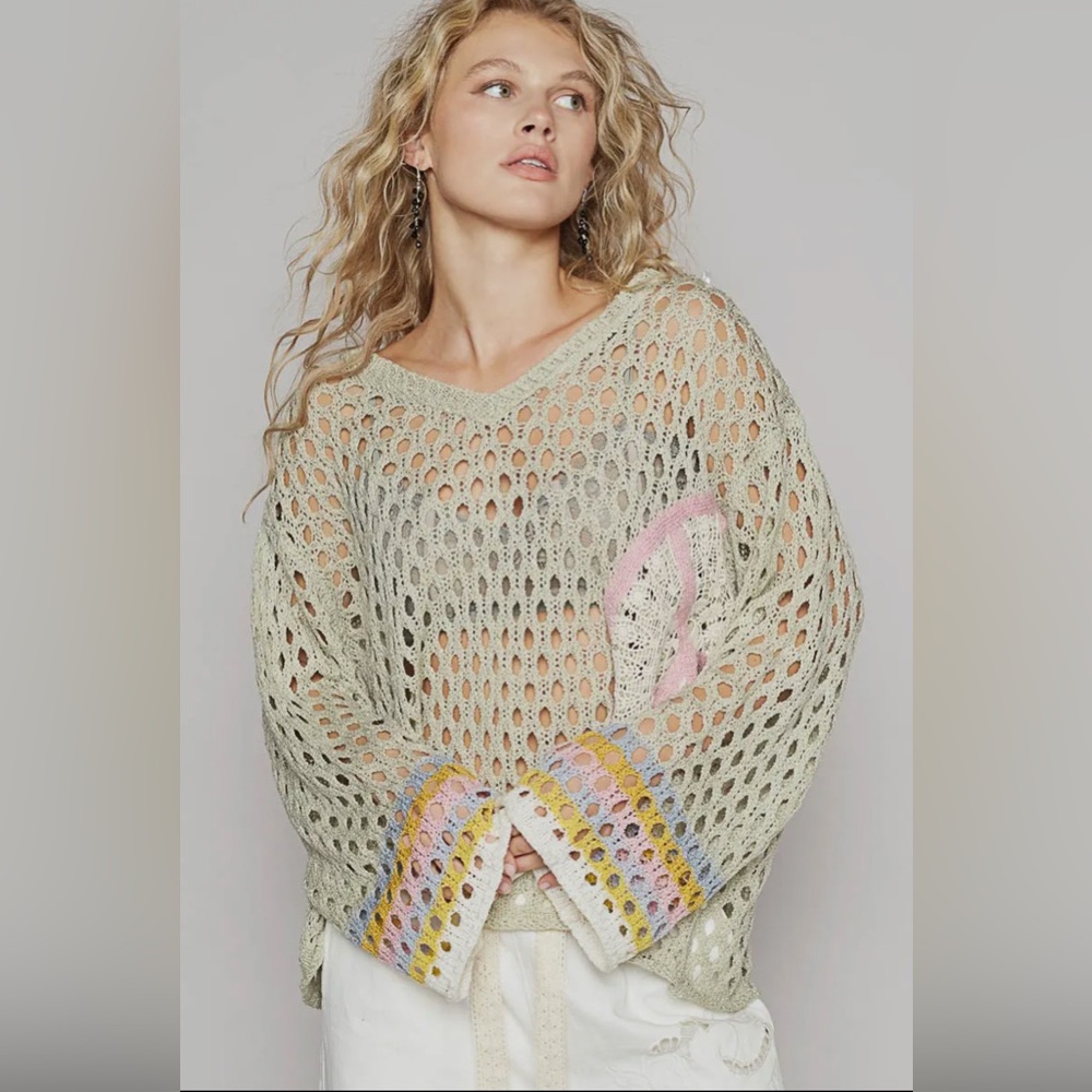 POL Open-Knit V-Neck Sweater in Beige with Pink and Blue Accents - Picture 10 of 11